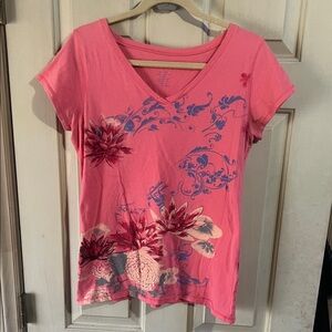 Lucky Brand Pink and Blue Floral V-Neck Tee